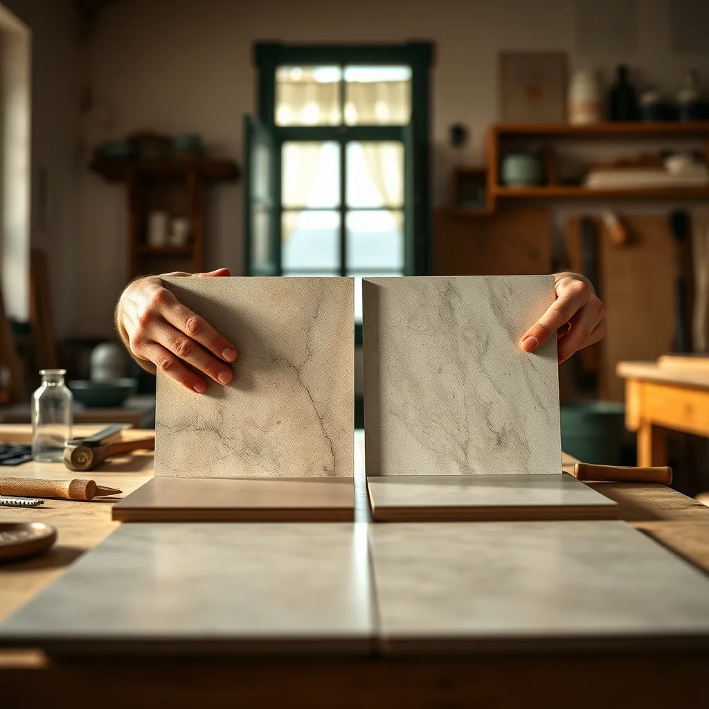 Confronto manuale tra piastrelle di grande formato per verificare tono e calibro prima della posa