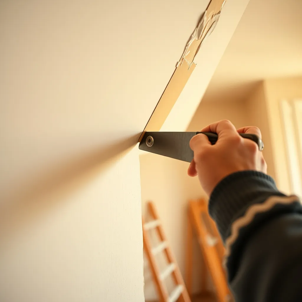 Fase di stuccatura dei giunti tra le lastre di cartongesso del controsoffitto