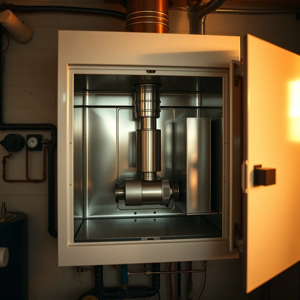 Dettaglio dello scambiatore in acciaio inox e del bruciatore premiscelato di una caldaia a condensazione