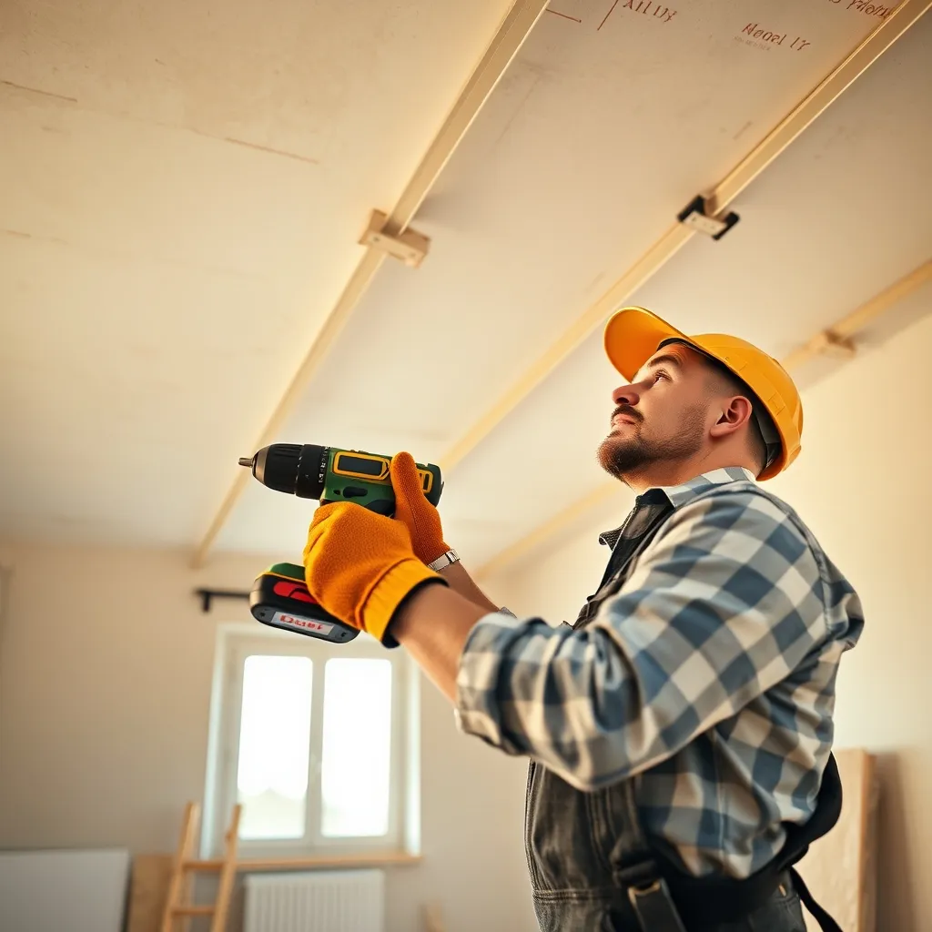 Fase di montaggio della struttura metallica per il controsoffitto in cartongesso