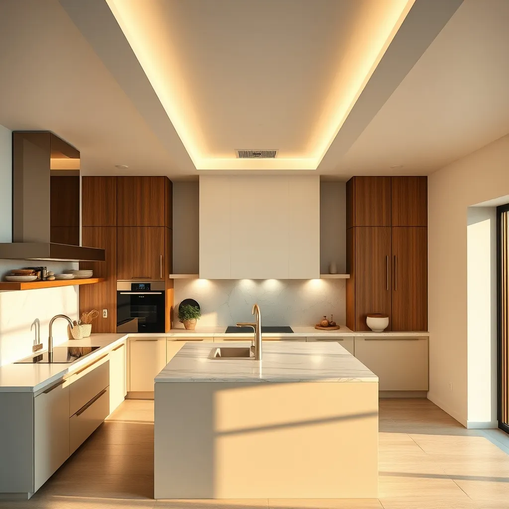 Cucina moderna con controsoffitto in cartongesso, cappa integrata e faretti LED da incasso
