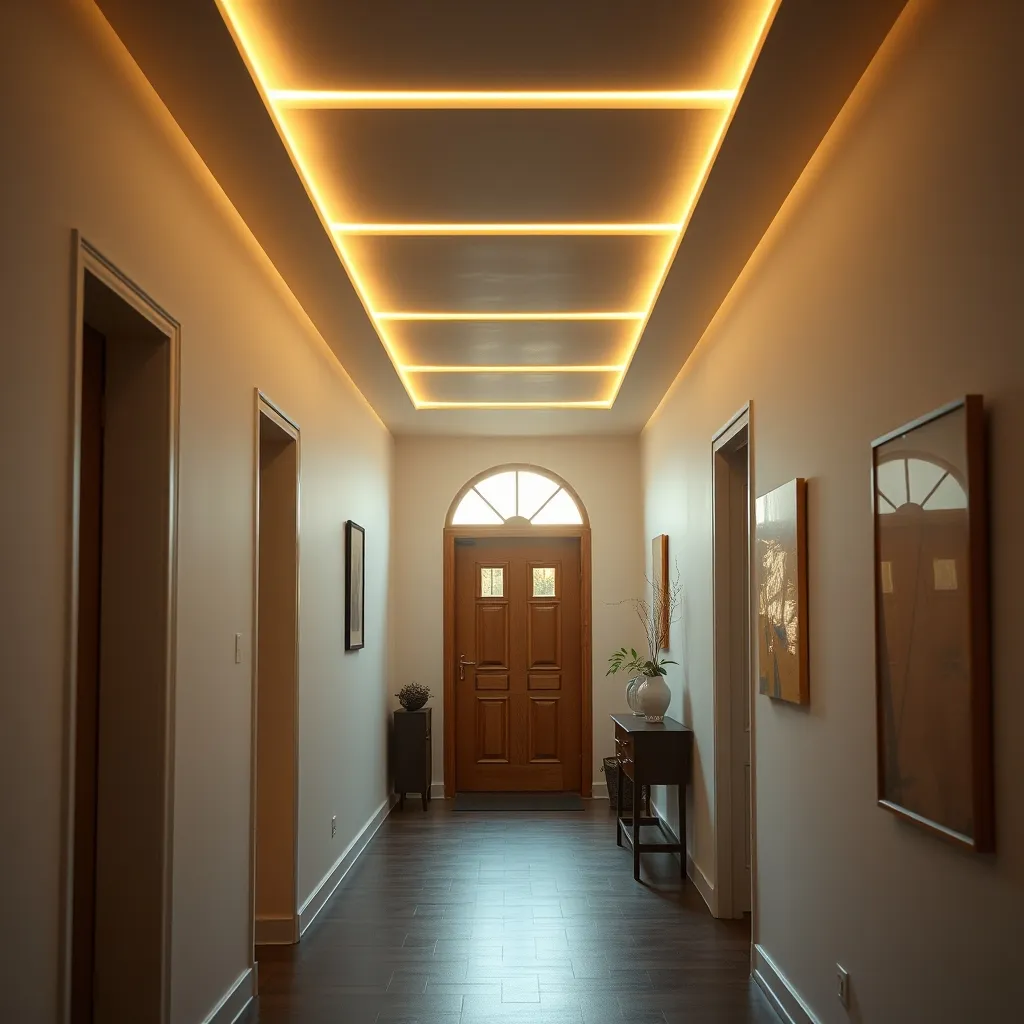 Corridoio con controsoffitto in cartongesso e tagli di luce trasversali a LED