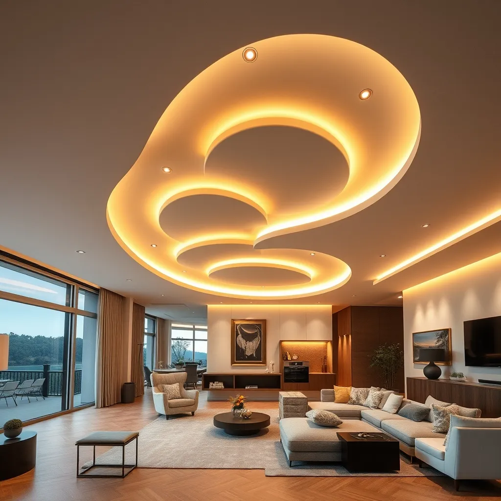 Controsoffitto multilivello con forme curve che definisce le zone funzionali di un open space moderno