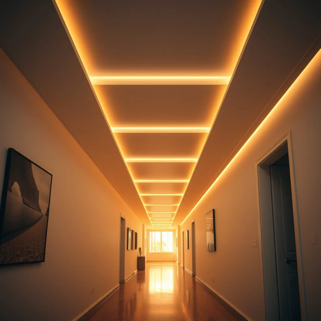 Corridoio valorizzato da velette trasversali in cartongesso con illuminazione LED integrata tra gli elementi
