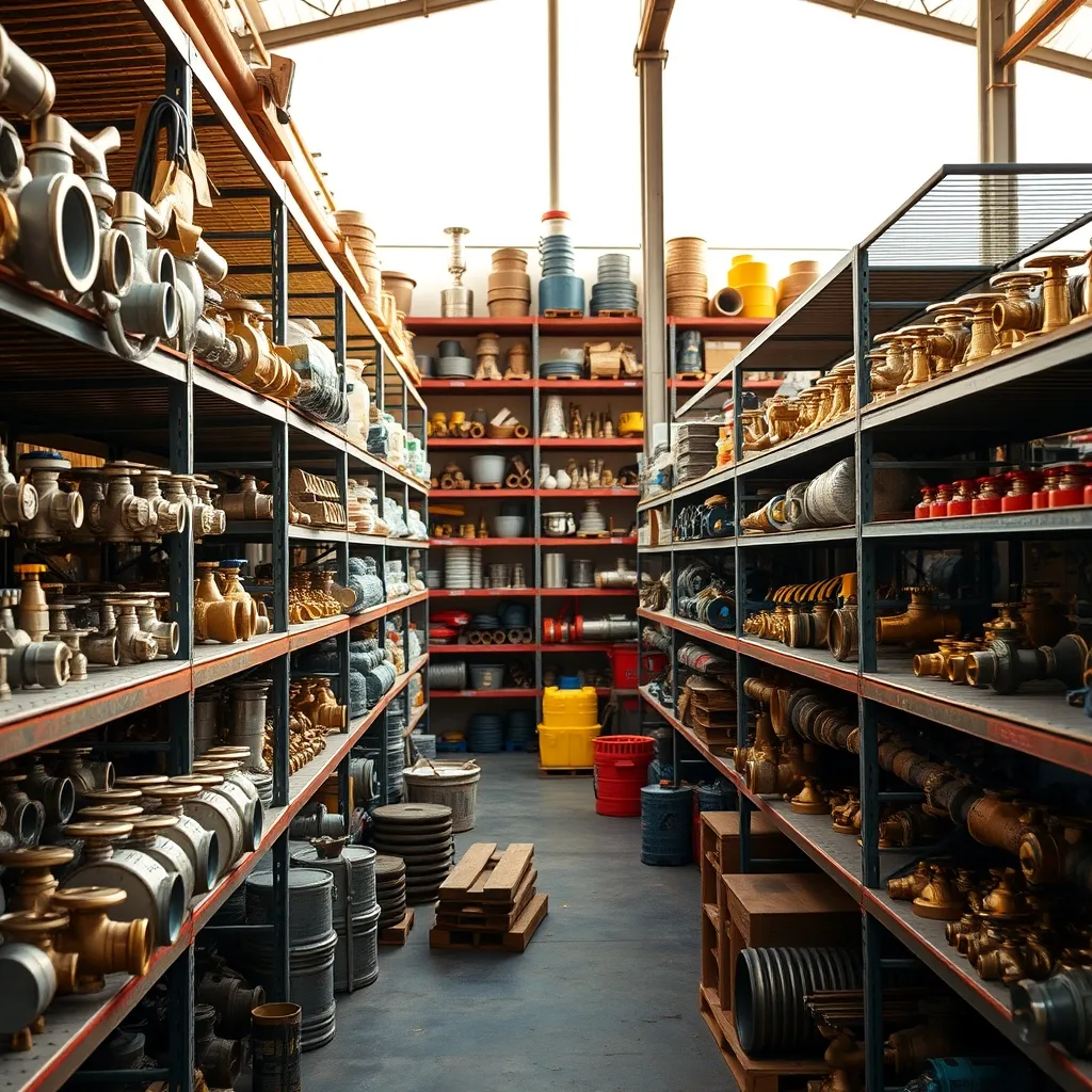 Reparto forniture idrauliche con raccorderia, tubazioni in rame e valvolame organizzati sugli scaffali