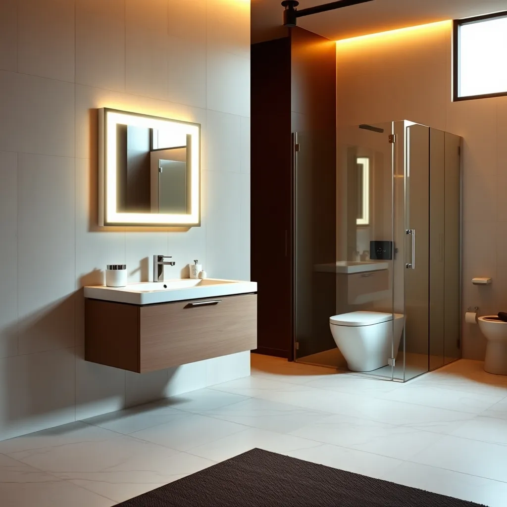 Ambiente bagno completo esposto nello showroom con mobile, specchiera LED e box doccia in vetro