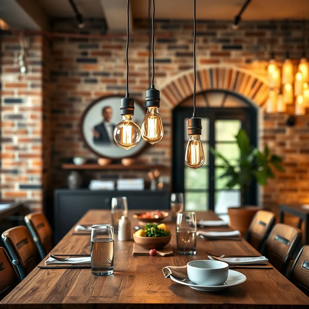 Tre lampade a sospensione di design sopra un tavolo da pranzo in legno con lampadine a filamento LED