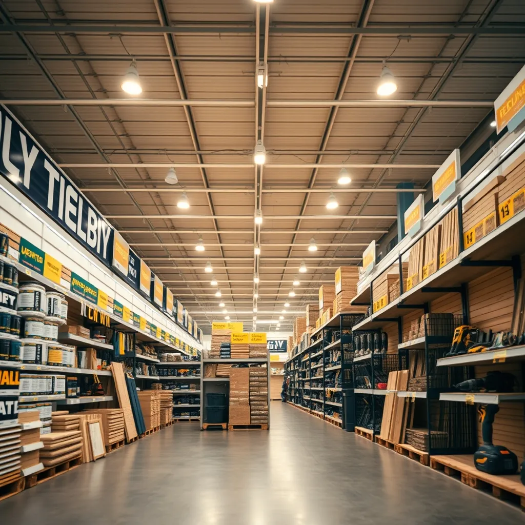 L'interno di un grande centro bricolage con reparti organizzati per categoria merceologica