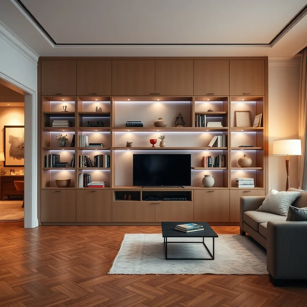Libreria a tutta parete in cartongesso con illuminazione LED integrata