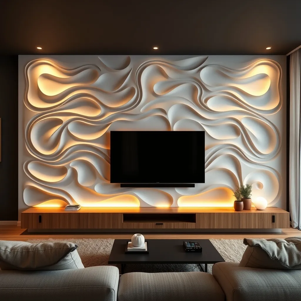 Parete TV con pannelli tridimensionali e retroilluminazione LED