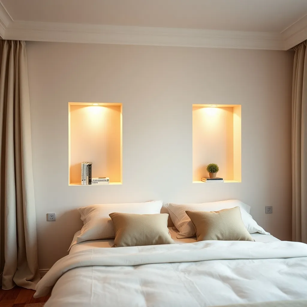 Nicchie simmetriche in cartongesso con illuminazione LED usate come comodini a muro