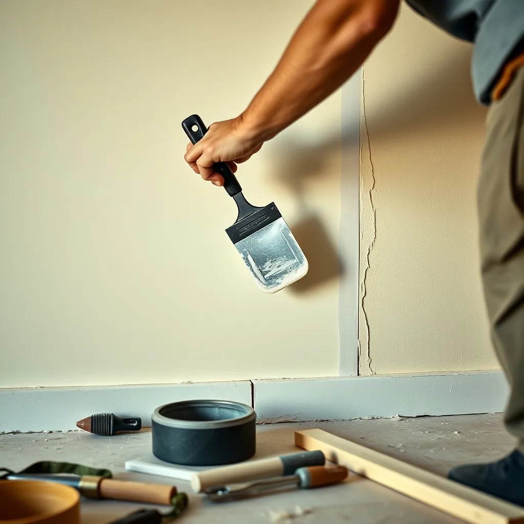 Stuccatura dei giunti tra le lastre di cartongesso con spatola e nastro in fibra di vetro