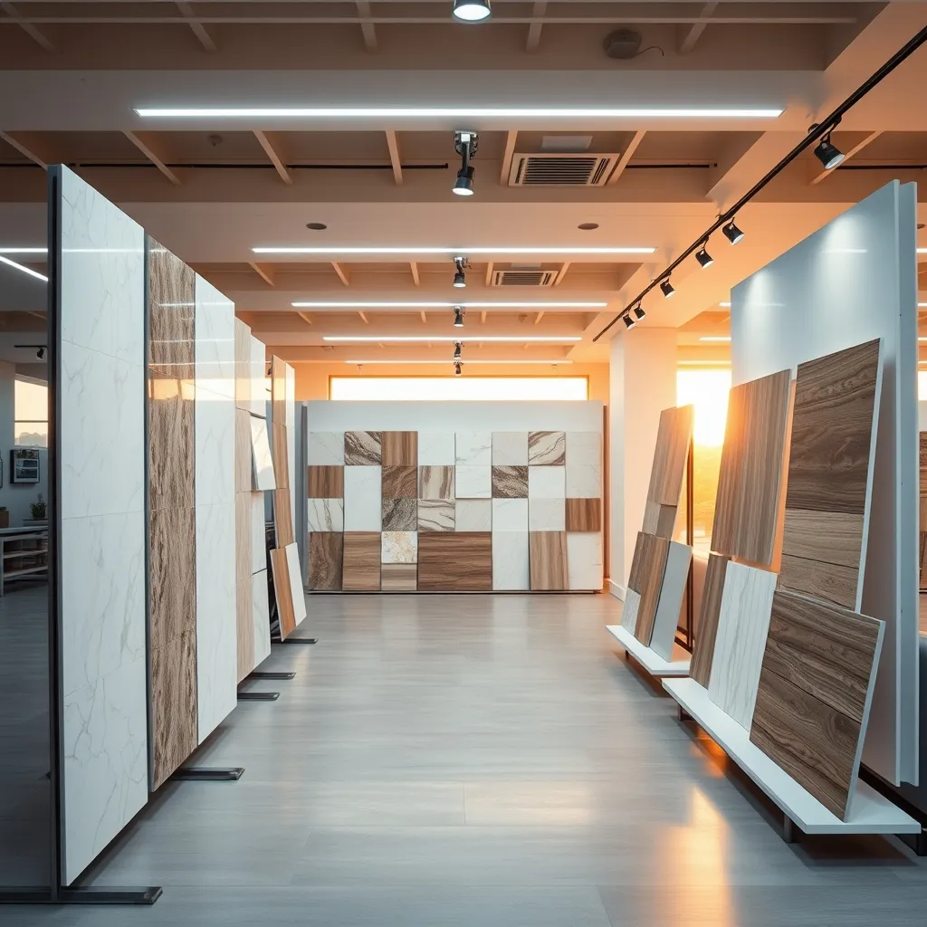 Esposizione di campioni di piastrelle in gres porcellanato effetto marmo e legno in uno showroom