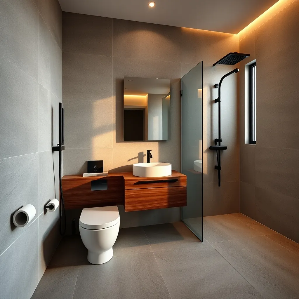 Bagno contemporaneo con sanitari sospesi, mobile in legno scuro e rubinetteria nera opaca coordinata