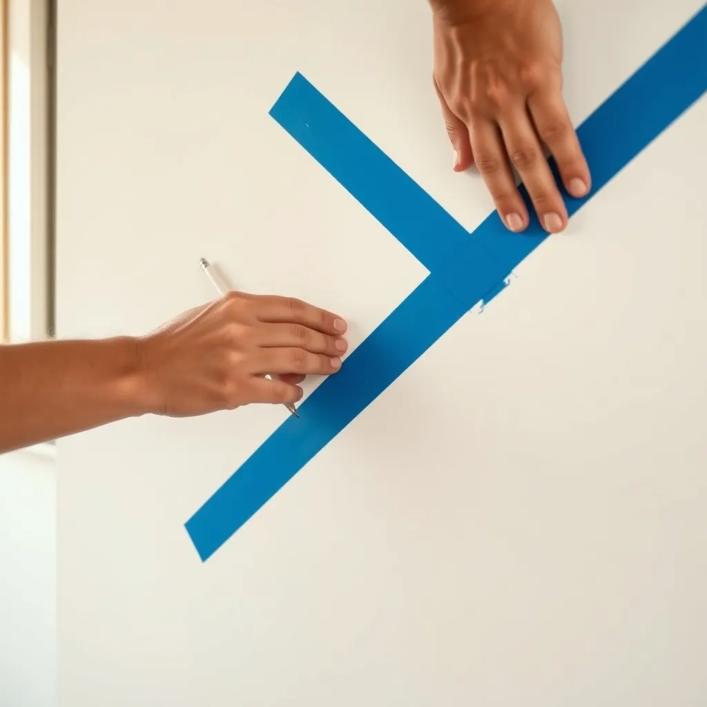 Applicazione del nastro da carrozziere lungo le linee guida tracciate a matita sulla parete