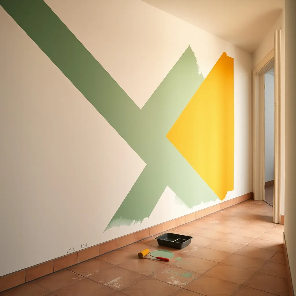 Pittura geometrica in fase di lavorazione con nastro di mascheratura e colori verde salvia e senape