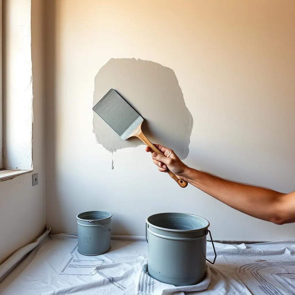 Applicazione dello stucco grigio con spatola d'acciaio durante la seconda passata dello spatolato veneziano