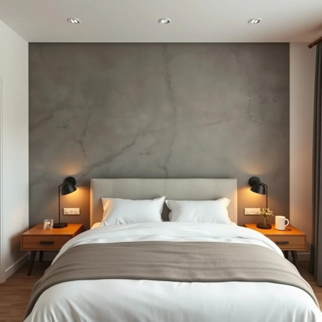 Camera da letto con parete effetto cemento grigio dietro la testata del letto, abbinata ad arredi in legno naturale