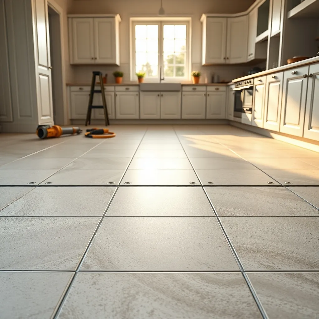 Pavimento completato in piastrelle 60x60 con fughe minimali in una cucina ristrutturata