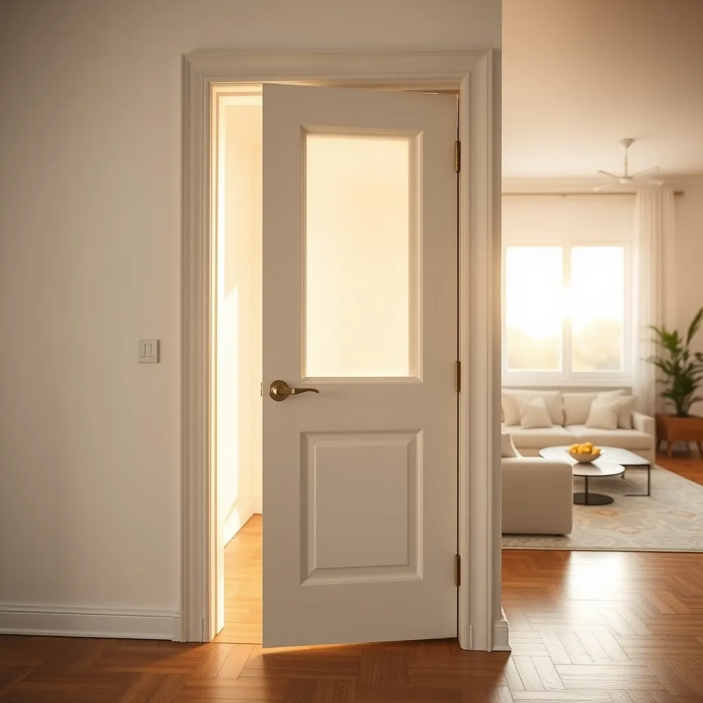 Il risultato finale: una porta laccata bianca con inserto in vetro satinato installata nel soggiorno