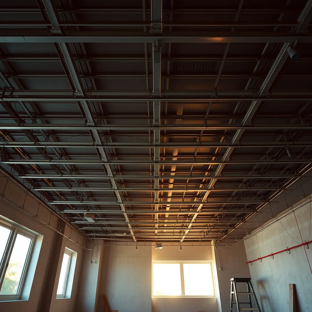 Vista dal basso della struttura completa del controsoffitto pronta per il fissaggio delle lastre