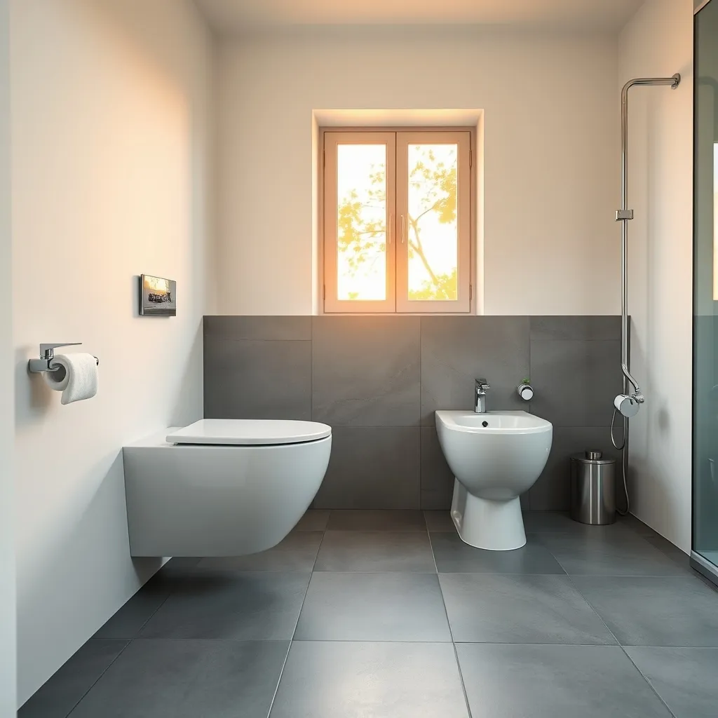 Coppia di sanitari sospesi rimless installati in un bagno moderno ristrutturato