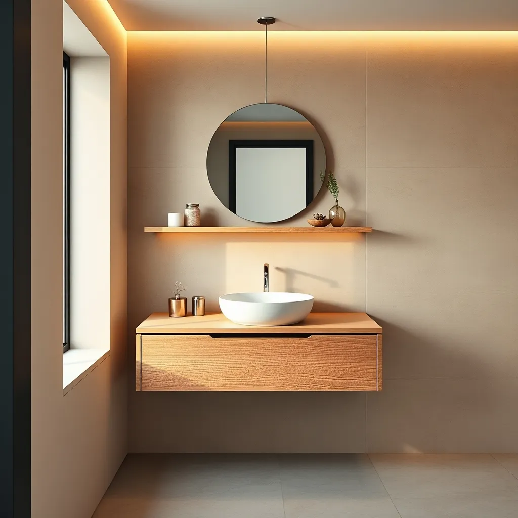 Mobile bagno sospeso in rovere con lavabo integrato e specchio tondo