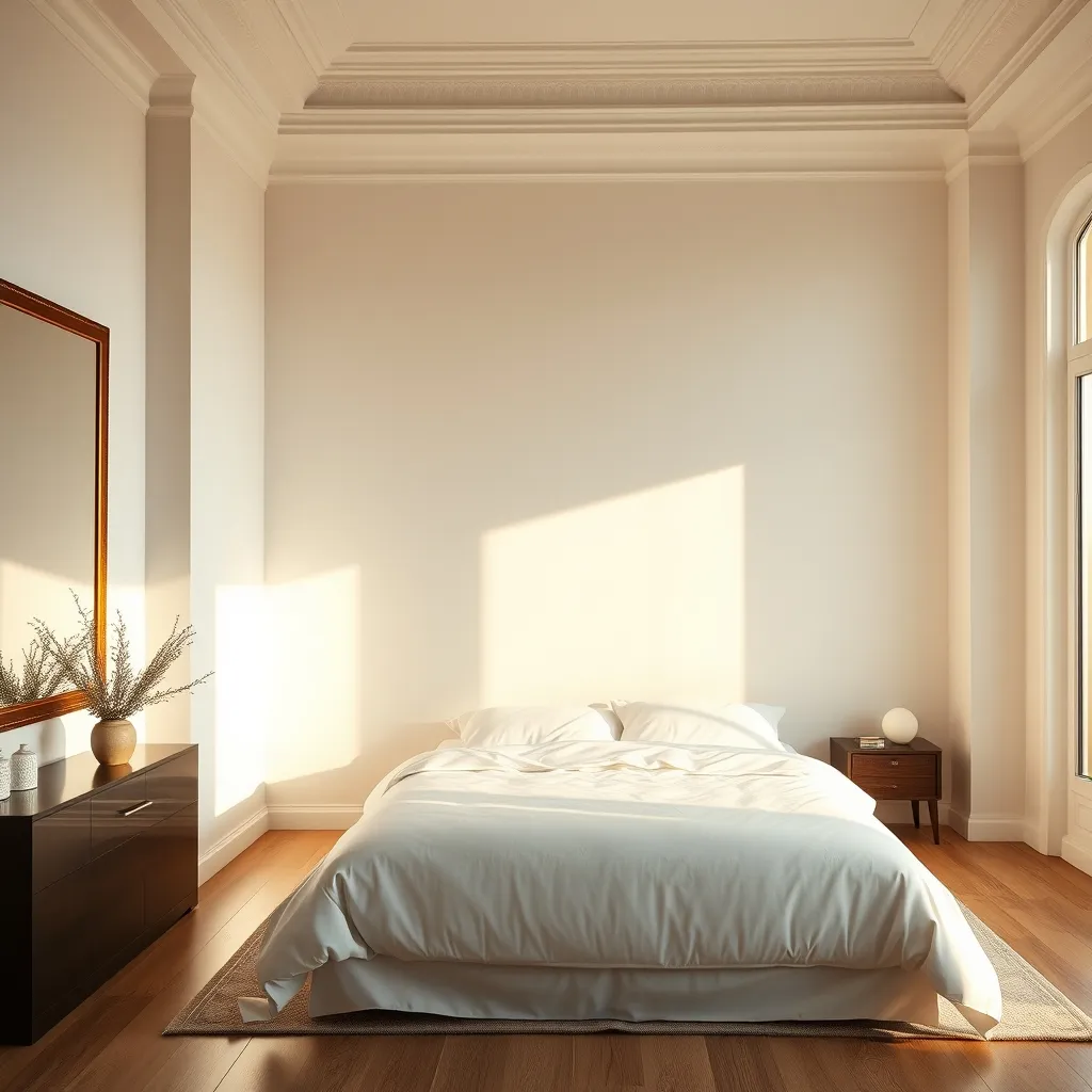 Camera da letto con parete d'accento in stucco veneziano bianco perlato: eleganza e luminosità