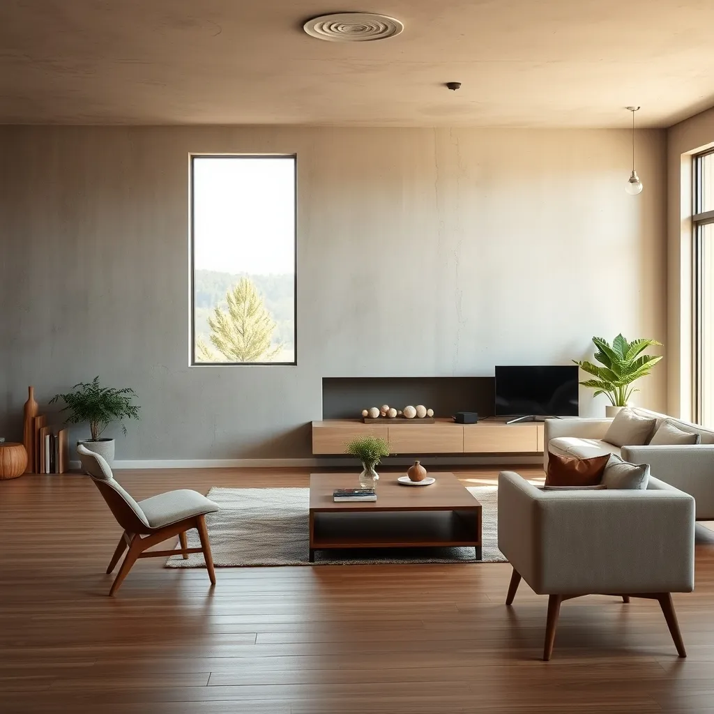 Parete con effetto cemento in un soggiorno moderno: lo stile industriale è sempre più richiesto