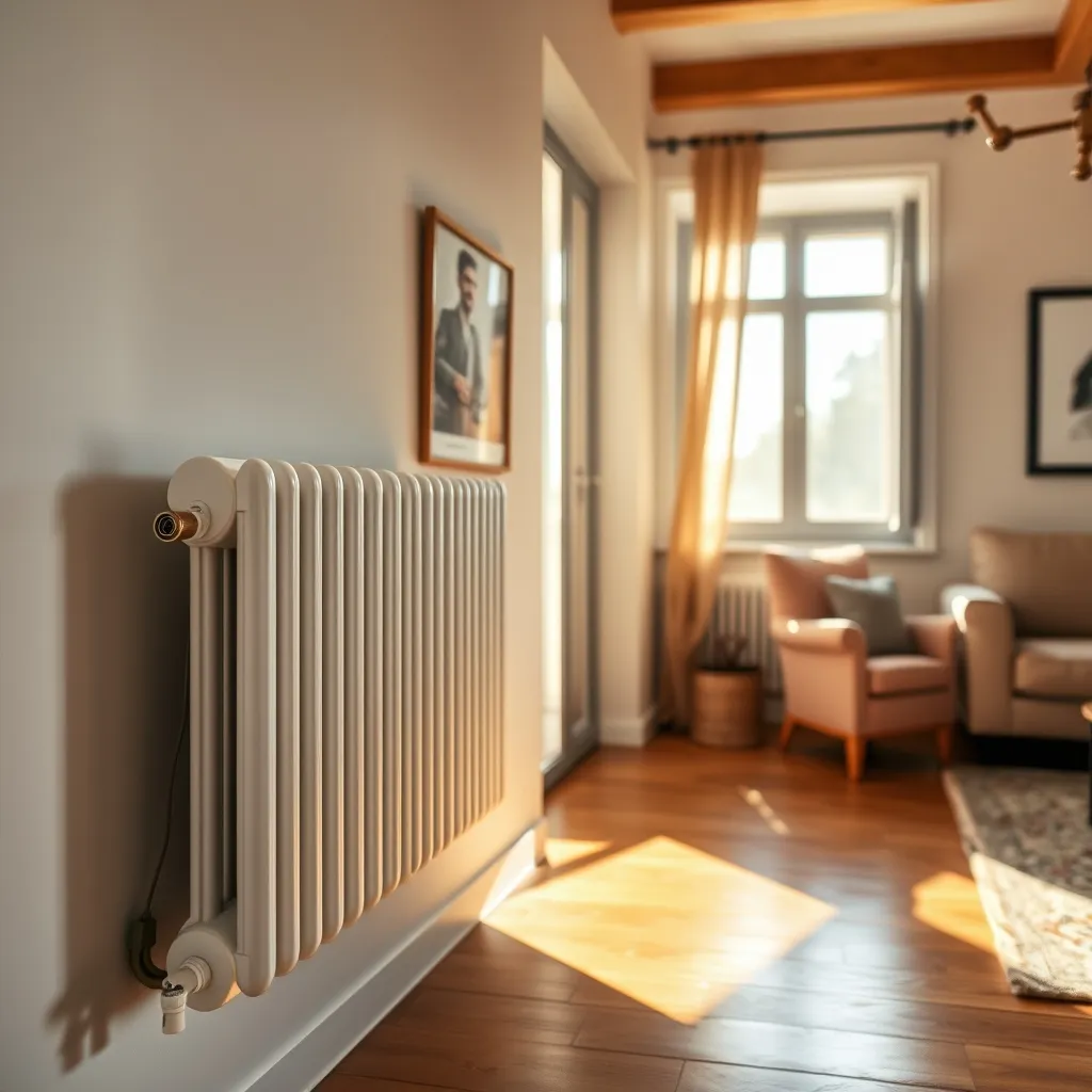 Termosifone in alluminio con valvola termostatica in un soggiorno ben riscaldato