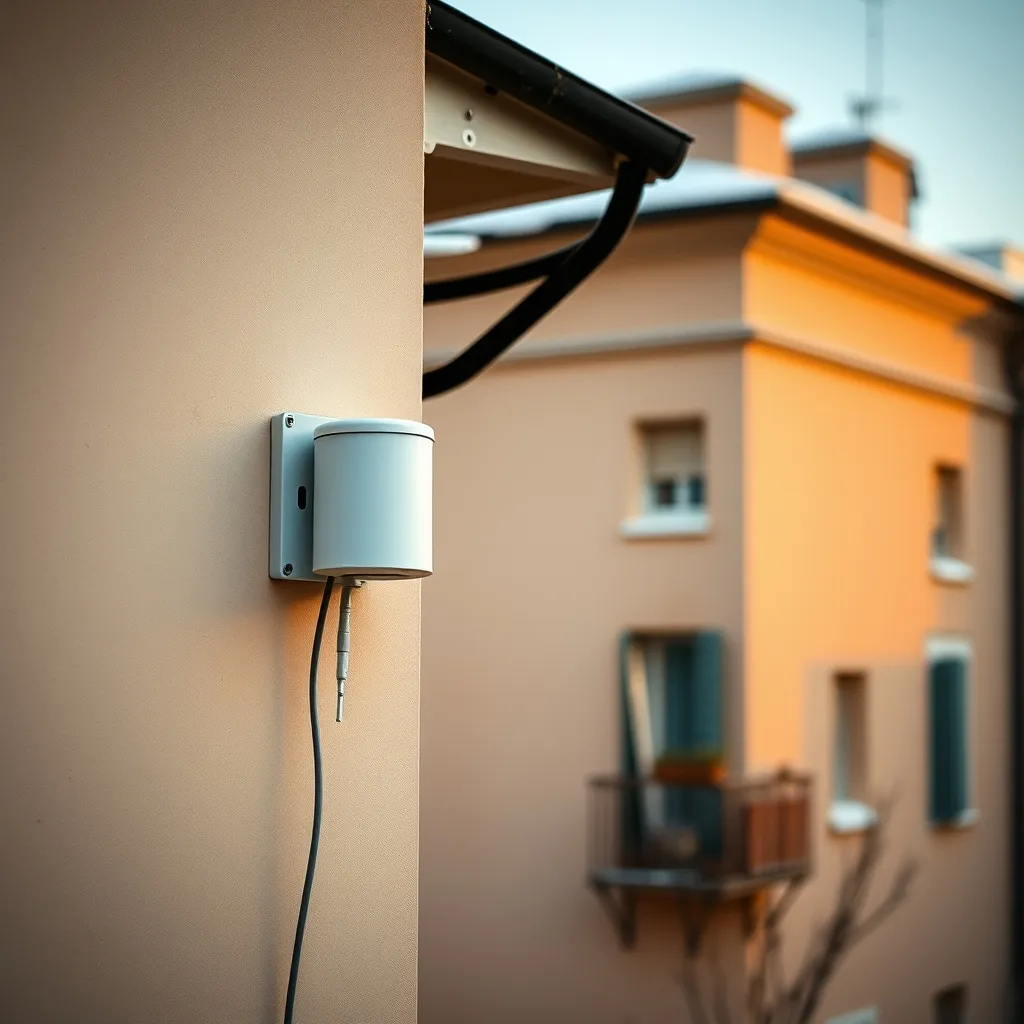 Sonda climatica esterna installata sulla facciata di un edificio residenziale