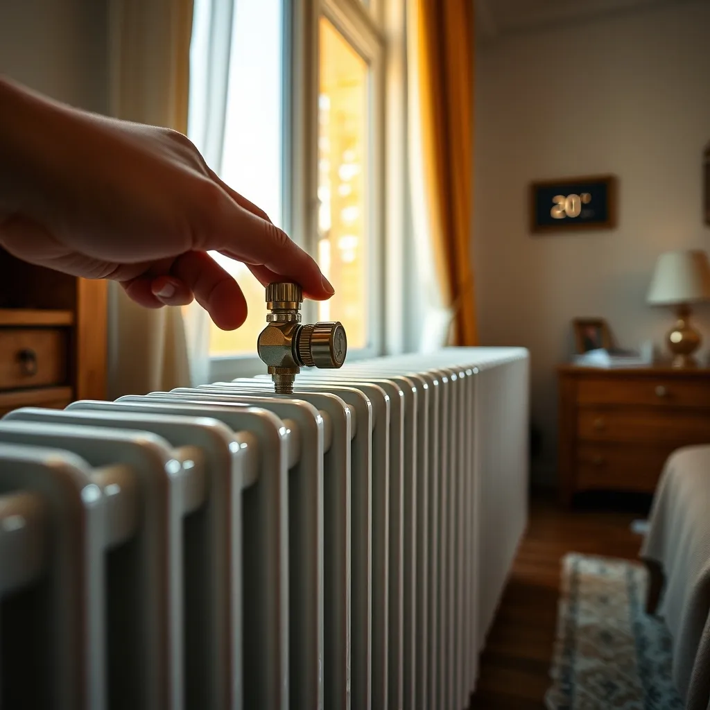 Regolazione della valvola termostatica su un termosifone in alluminio con termostato ambiente sullo sfondo