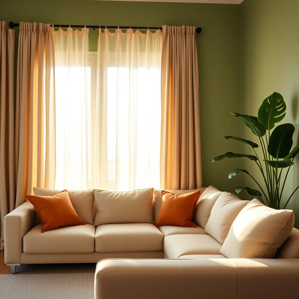 Soggiorno con parete verde salvia, divano beige e cuscini color terracotta per un effetto caldo e moderno