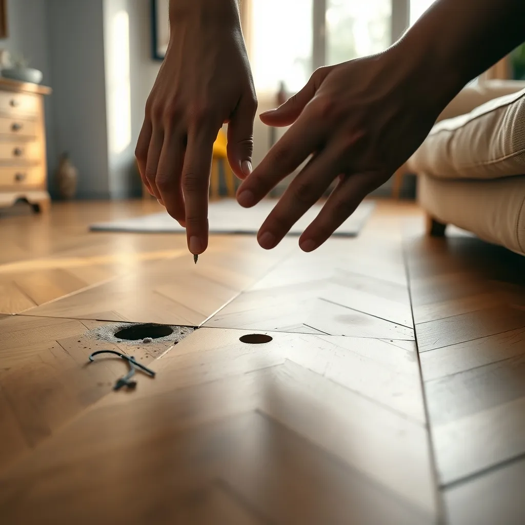 Diversi tipi di danno su un parquet: foro da chiodo, ammaccatura e buchi da tarli richiedono approcci differenti