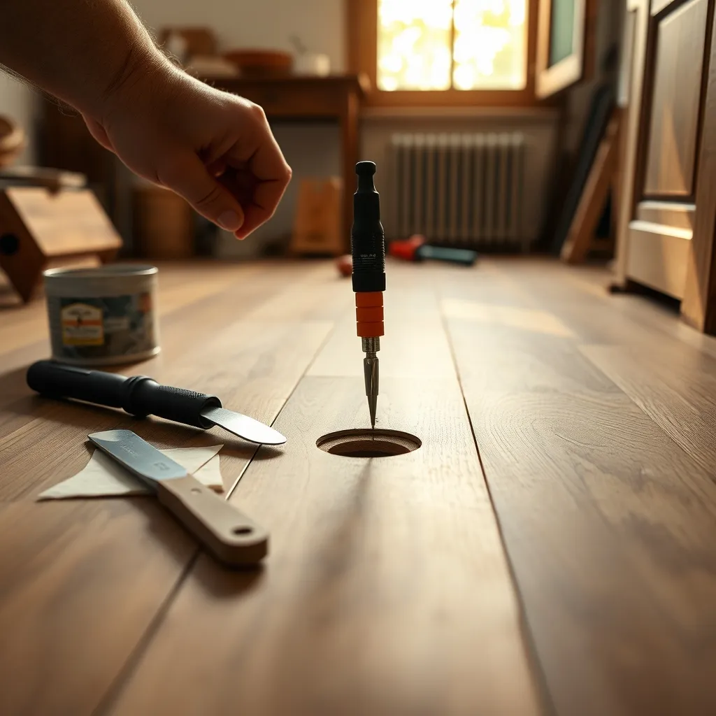 Applicazione dello stucco a cera a caldo per riempire un piccolo foro nel parquet in rovere