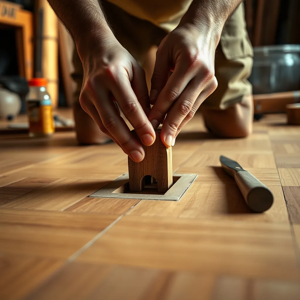 Inserimento di un tassello di legno della stessa essenza per riparare un buco profondo nel parquet