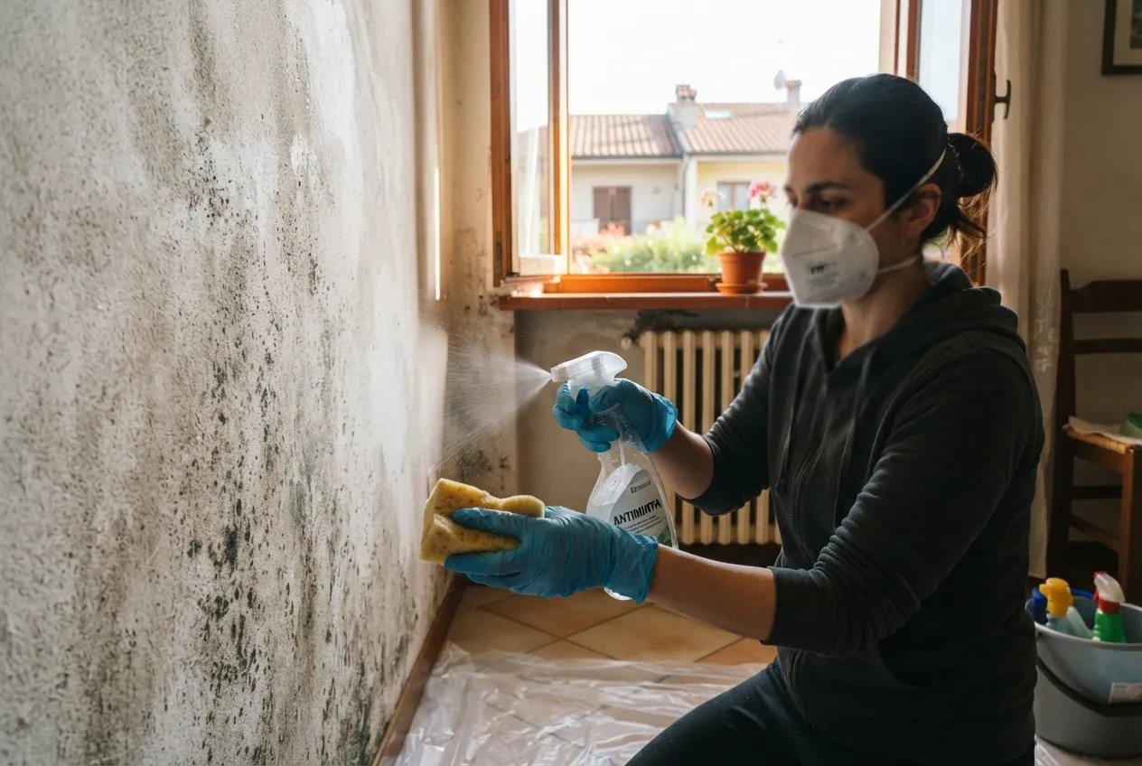 Trattamento antimuffa con spruzzino e spugna: protezioni personali e finestra aperta sono indispensabili