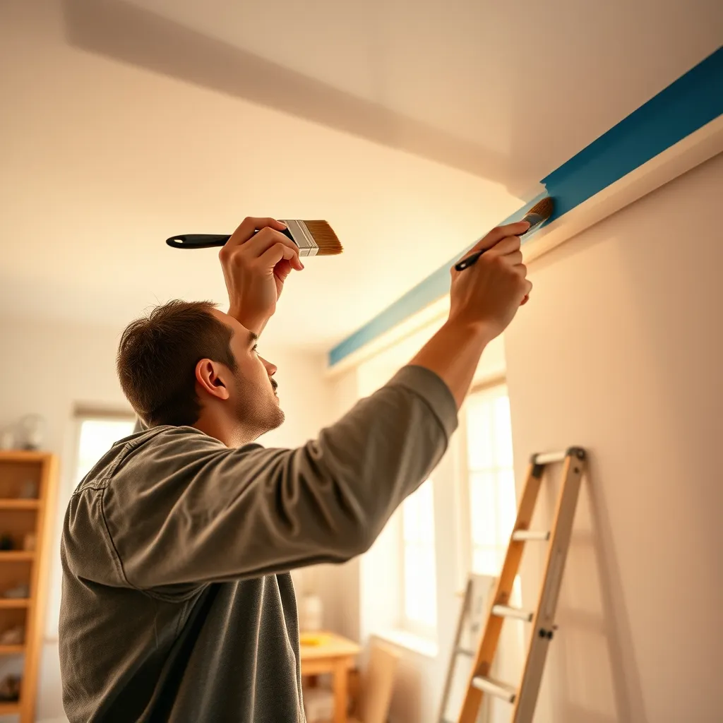Rifilatura precisa con pennello piatto lungo il bordo del soffitto