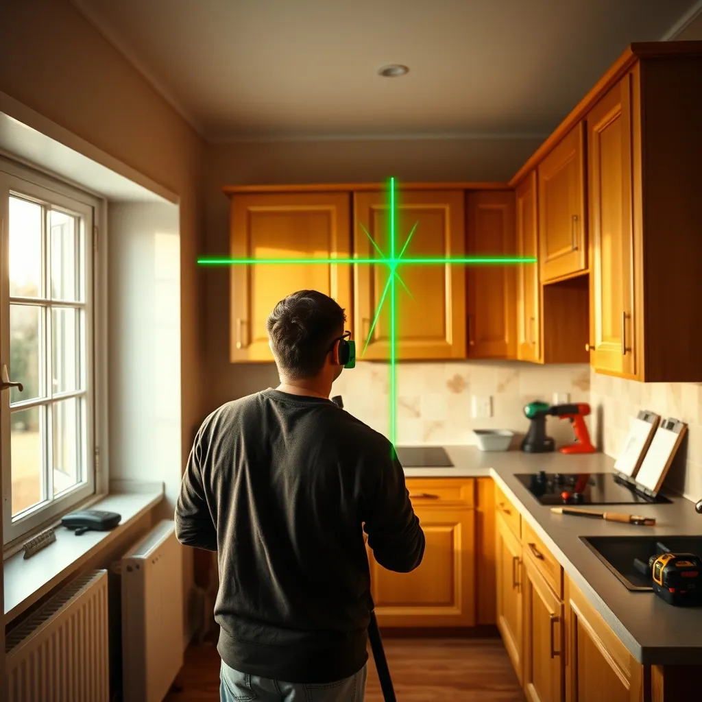 Un laser a croce su treppiede guida l'installazione dei pensili in cucina