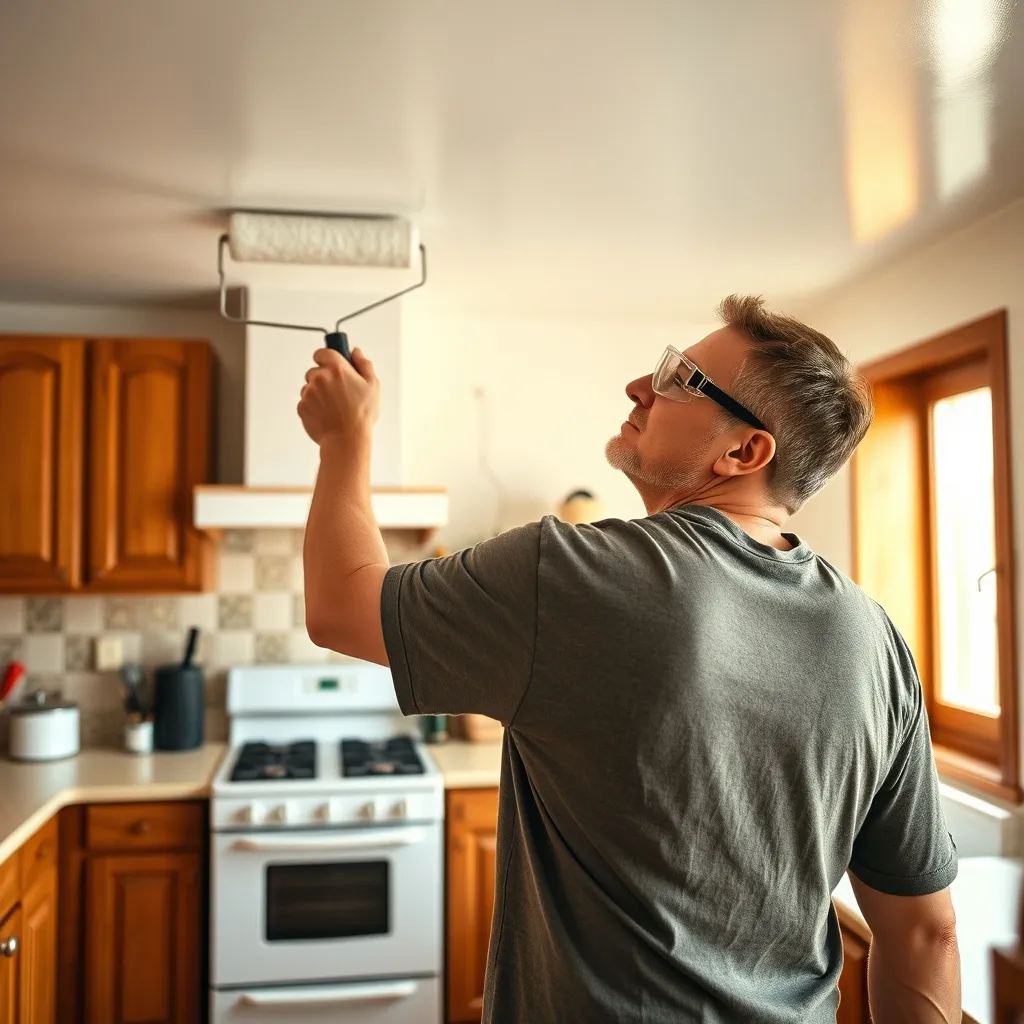 Applicazione di pittura traspirante antimuffa sul soffitto della cucina