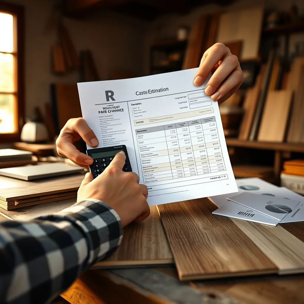 Calcolo dei costi di ristrutturazione con campioni di materiali per pavimenti e rivestimenti
