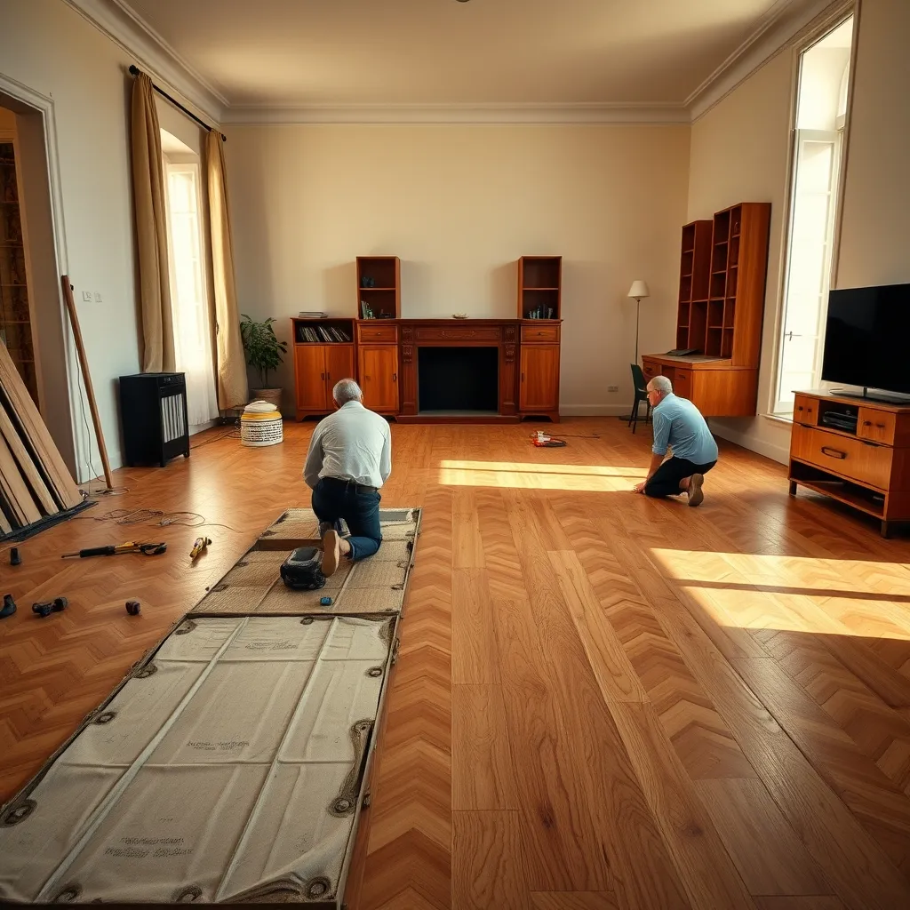 Posa del parquet in un soggiorno italiano durante i lavori di ristrutturazione completa