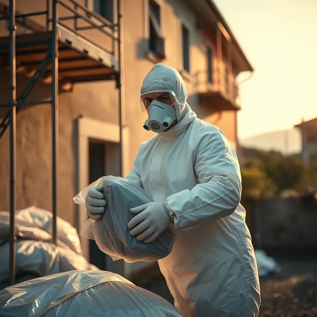 Un operatore specializzato durante un intervento di bonifica amianto con i dispositivi di protezione obbligatori